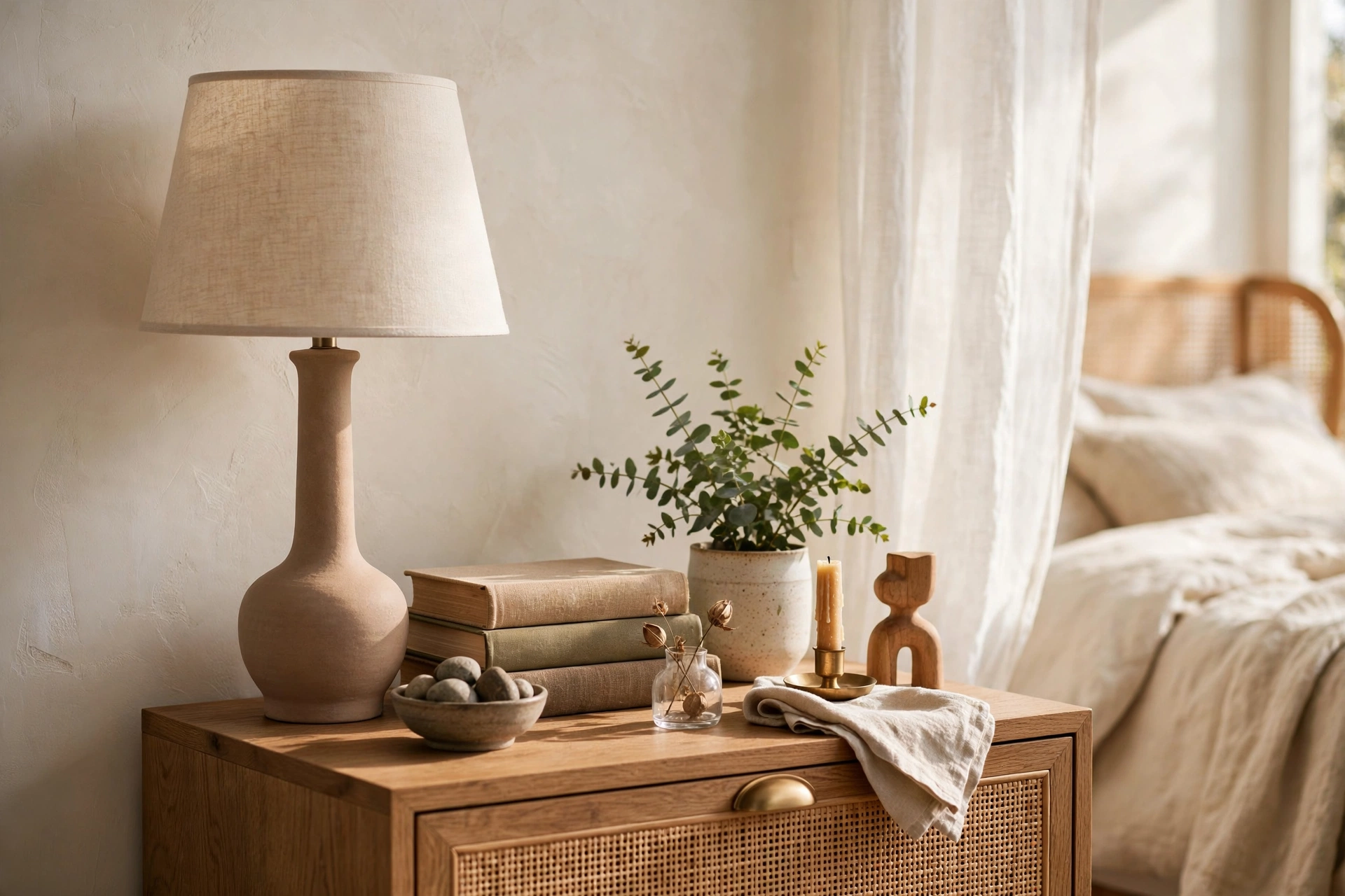 Styled Nightstand Vignette With Varied Object Heights