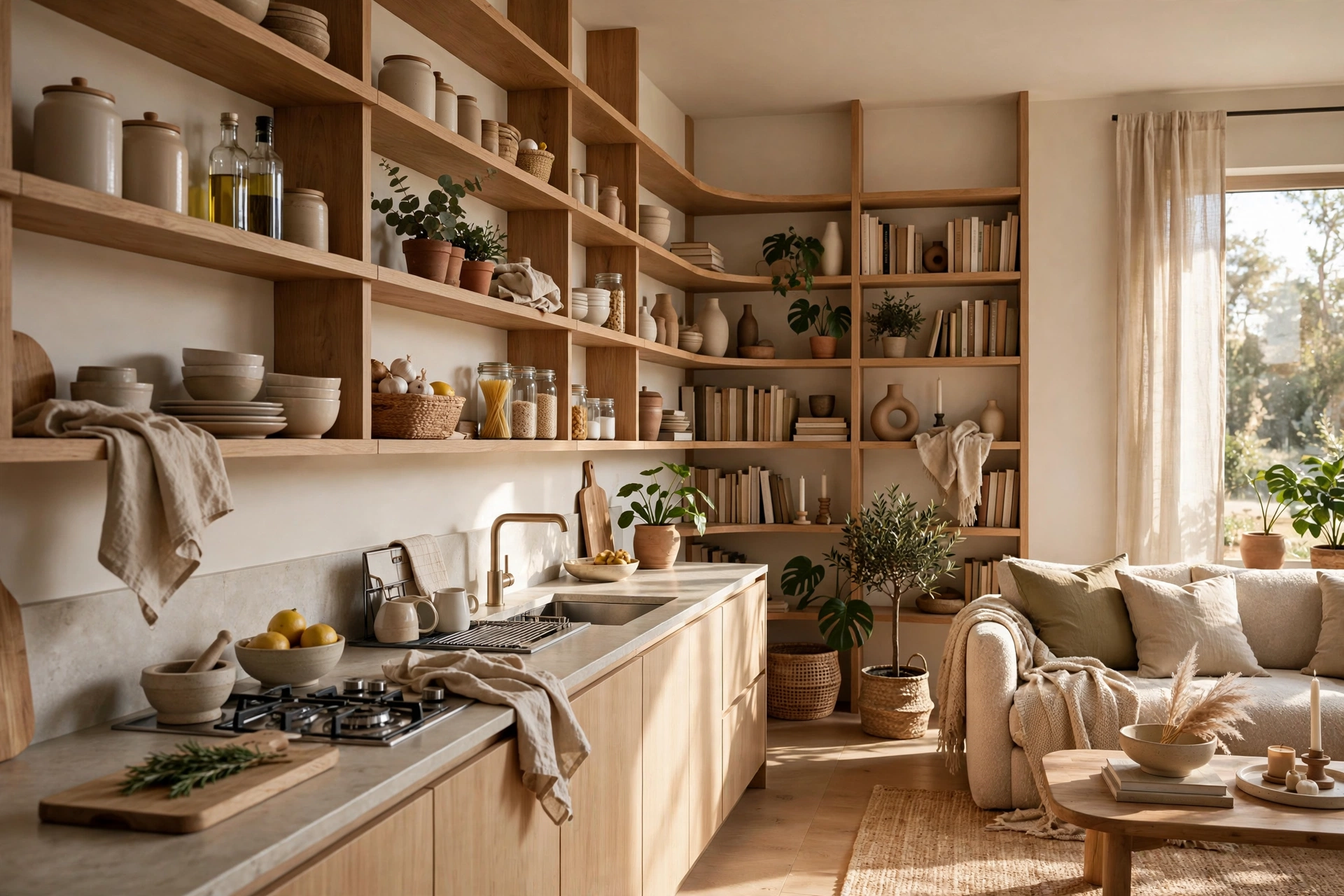Open Wood Shelving In Kitchen Flowing Toward A Living Room Bookshelf