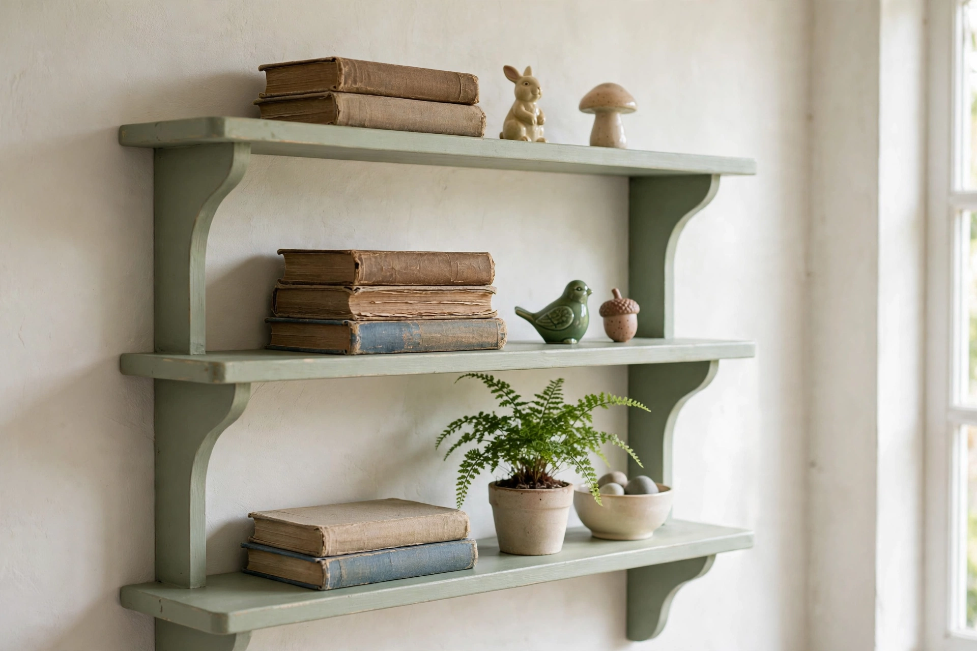 Painted wood shelves styled with vintage books and collected decor in cottage living room