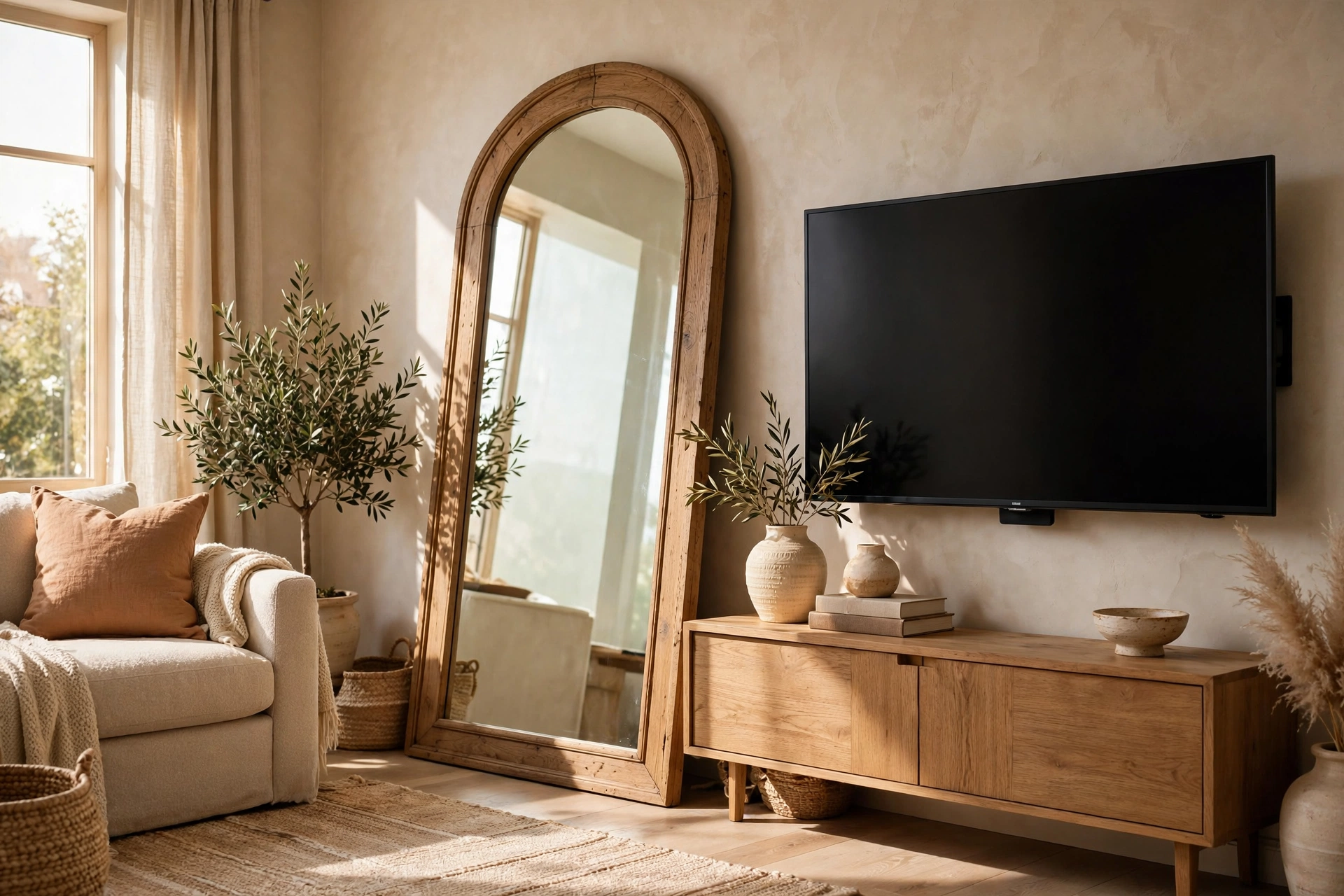 Oversized Statement Mirror Leaning Beside A Mounted TV