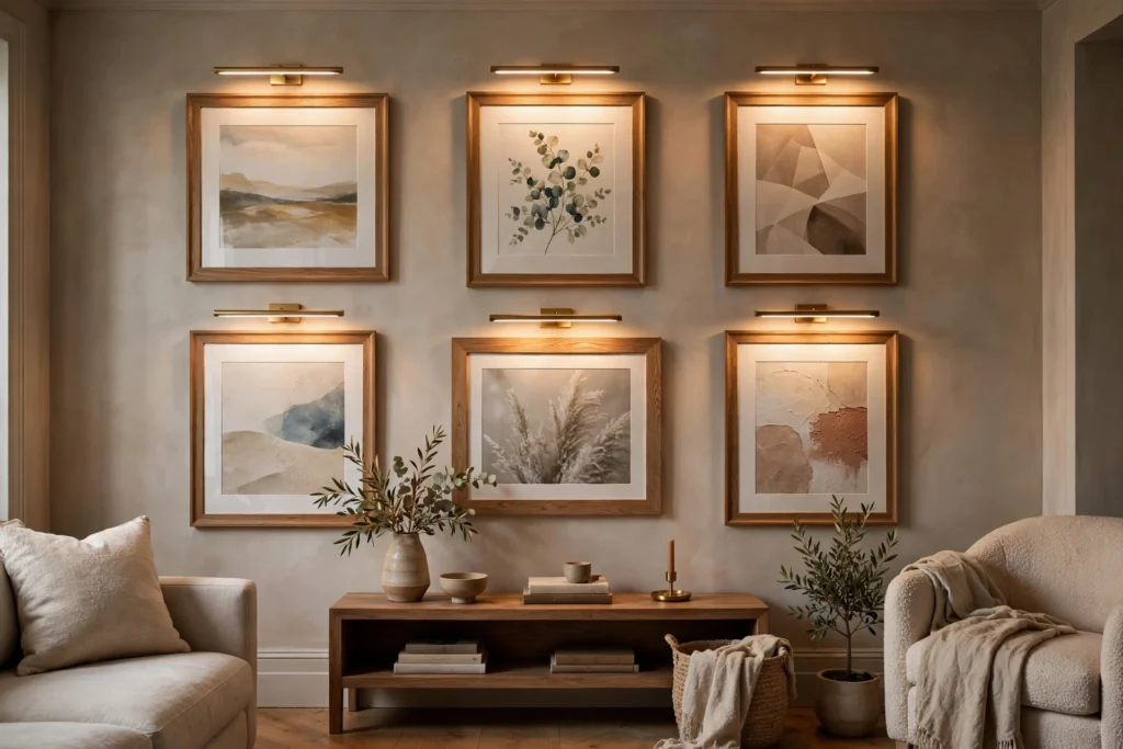 Picture Lights Illuminating A Living Room Gallery Wall