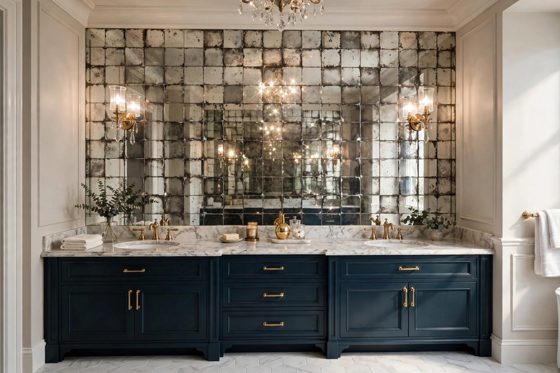 Mirrored Metallic Accent Wall In Bathroom