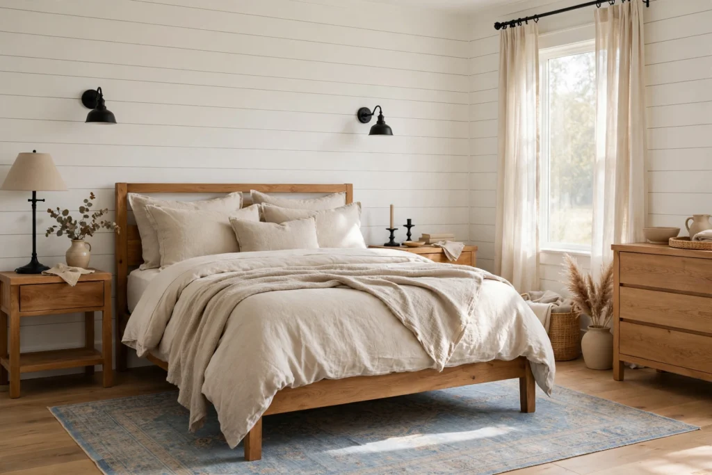 Farmhouse bedroom in layered warm neutrals with white shiplap, wood tones and black accents