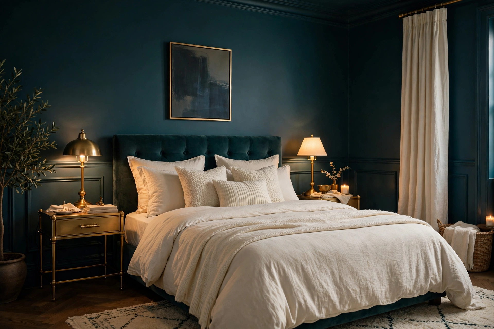 Luxurious Bedroom With Deep Teal Walls And Brass Accents