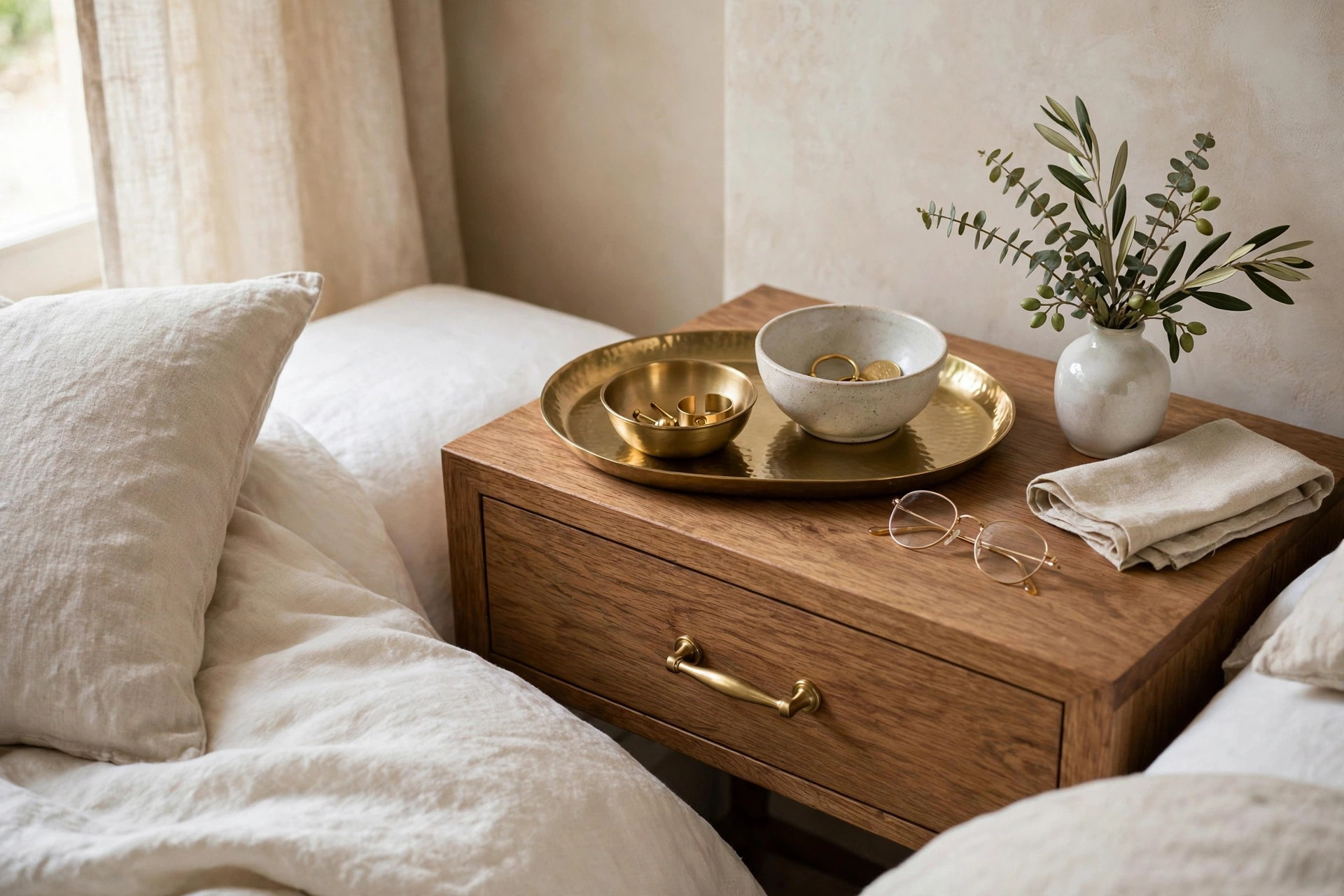 Styled Tray And Catch Alls On Top Of Nightstand