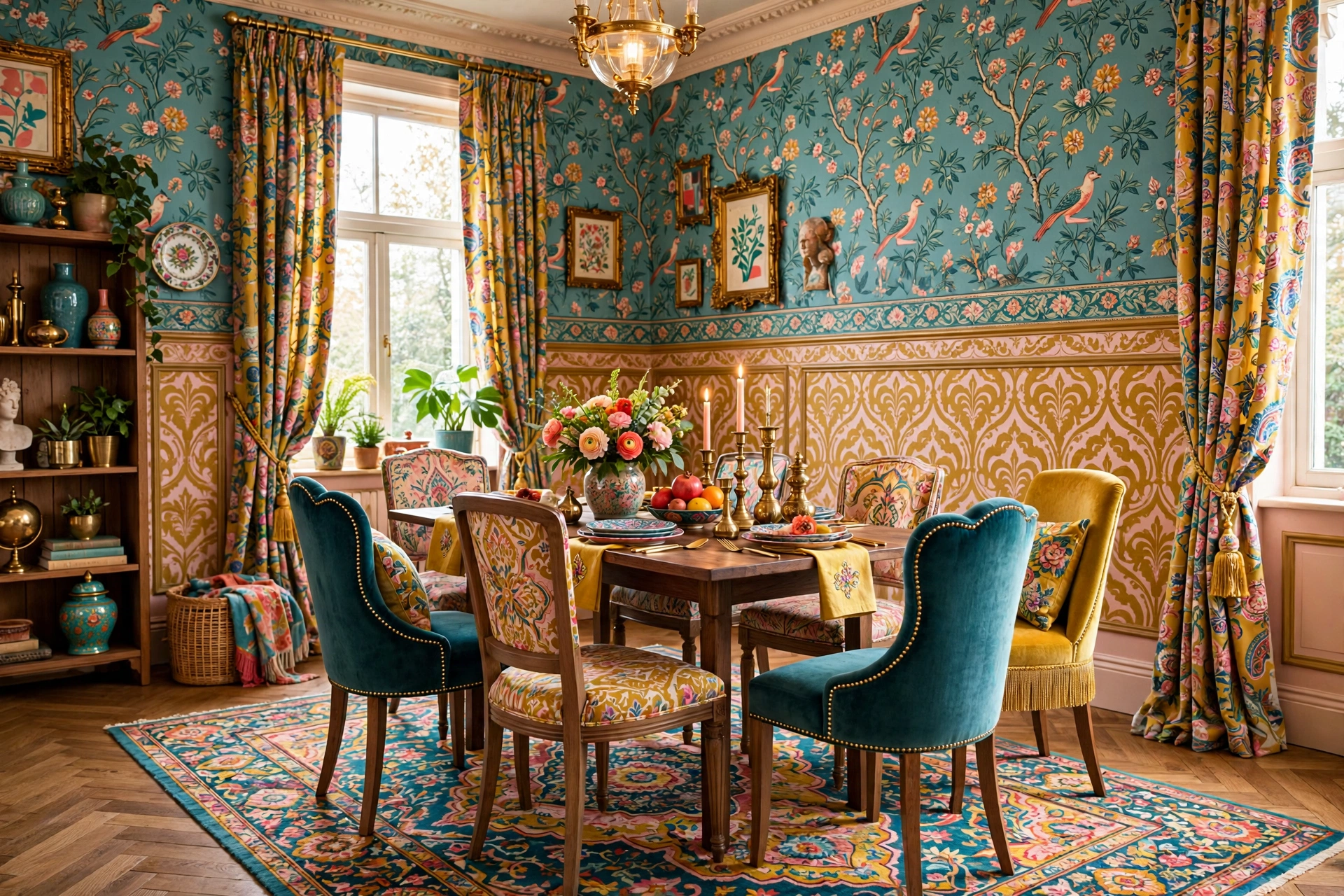 Maximalist Dining Room With Layered Wallpaper Patterns