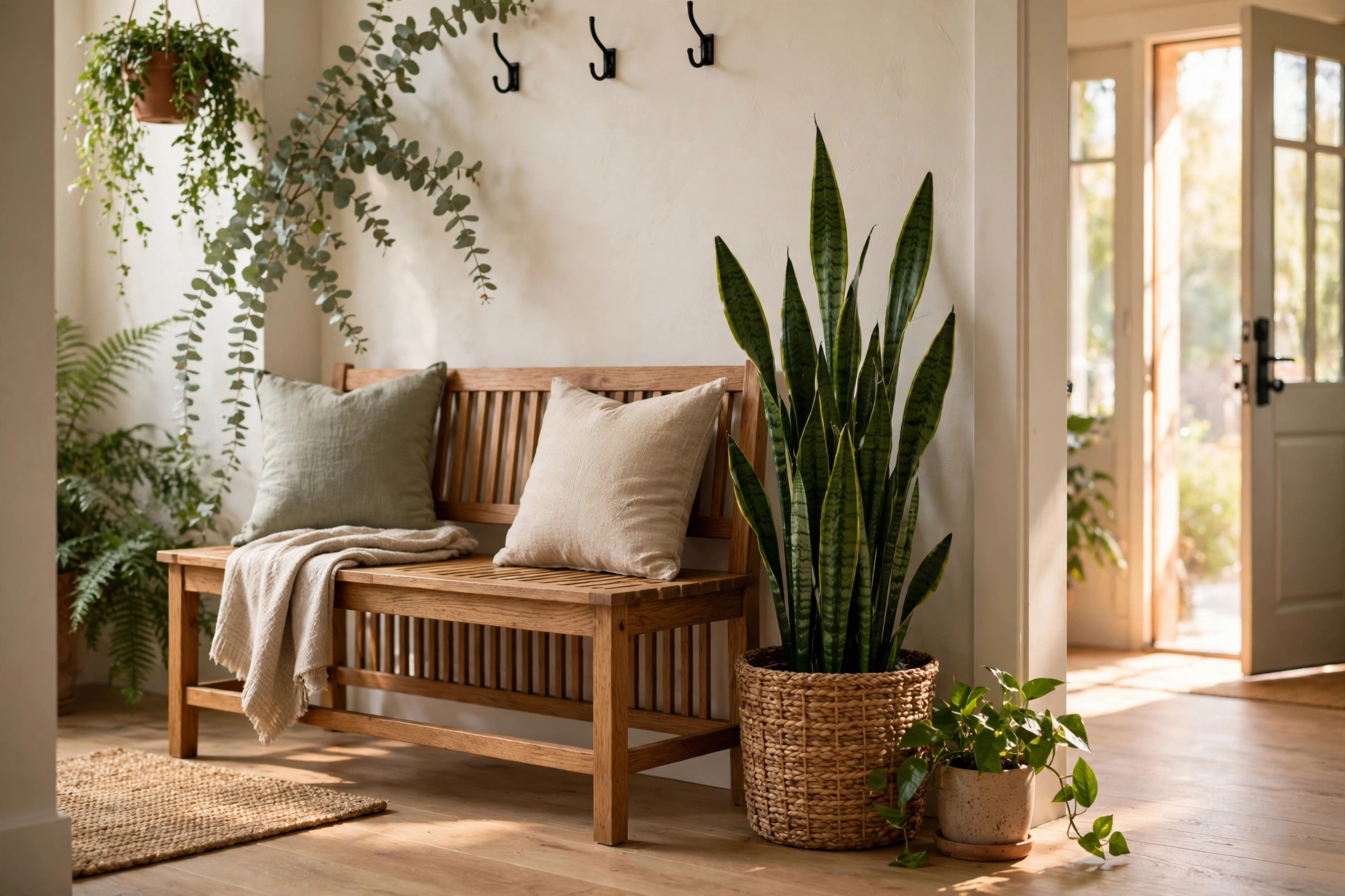 Tall Green Plant Beside Styled Entryway Bench