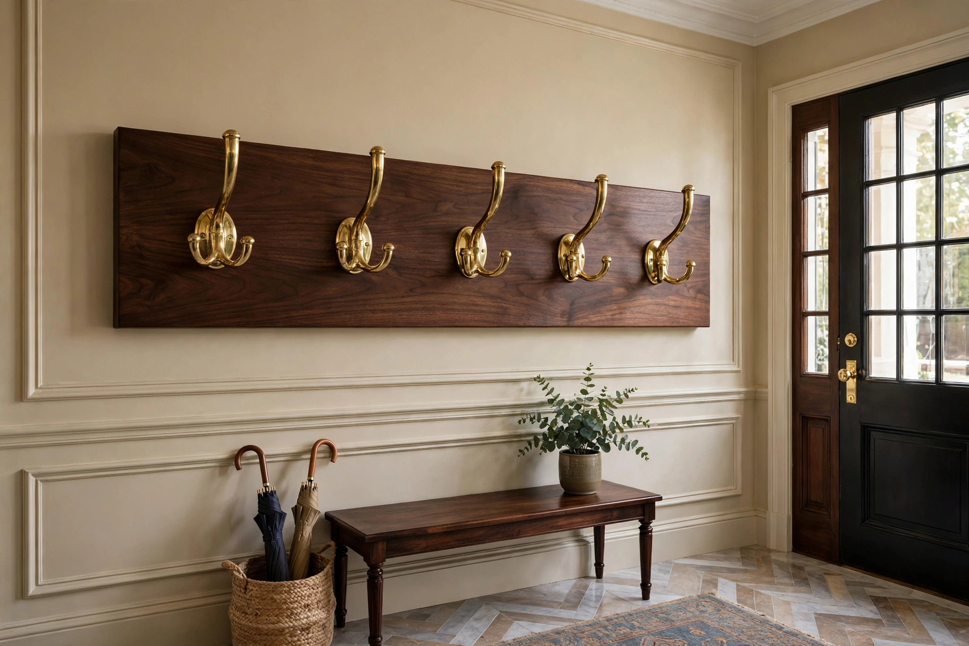 Polished Brass Coat Hooks On Dark Wood Board