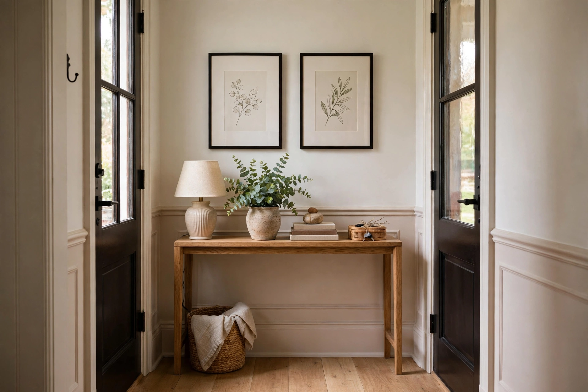 Narrow Console Table Anchoring Wall Art In Entryway