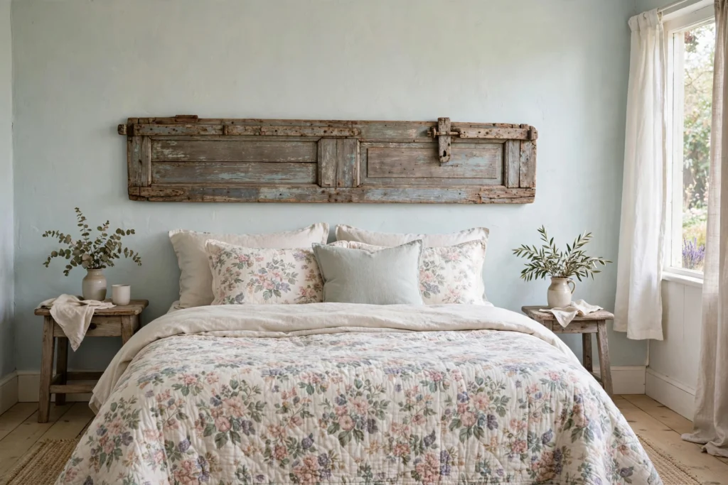 Vintage wooden door used as a headboard behind a cottage bedroom bed