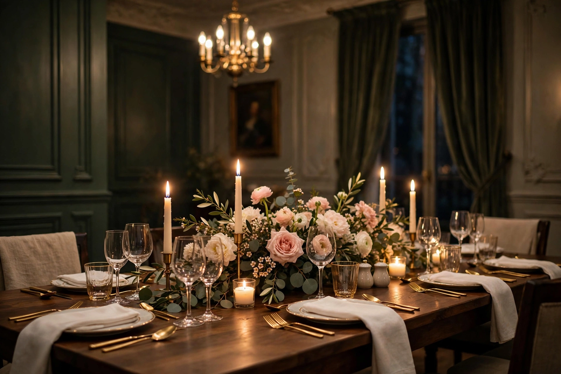 Formal Dining Table With Fresh Flowers And Candles