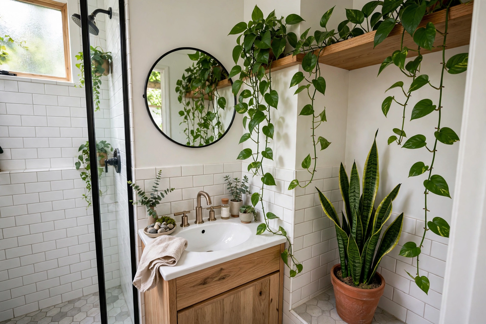 Small Bathroom With Lush Green Plants And Natural Light