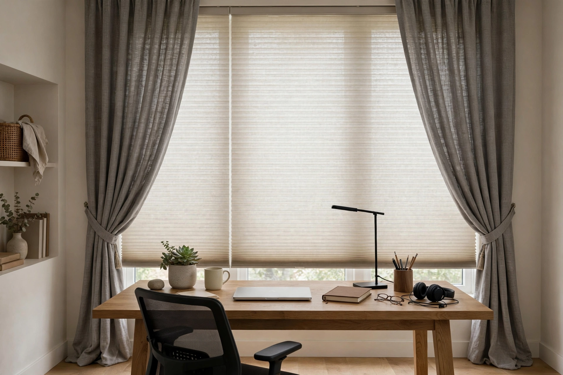 Light Filtering Shades Layered With Drapes In Office