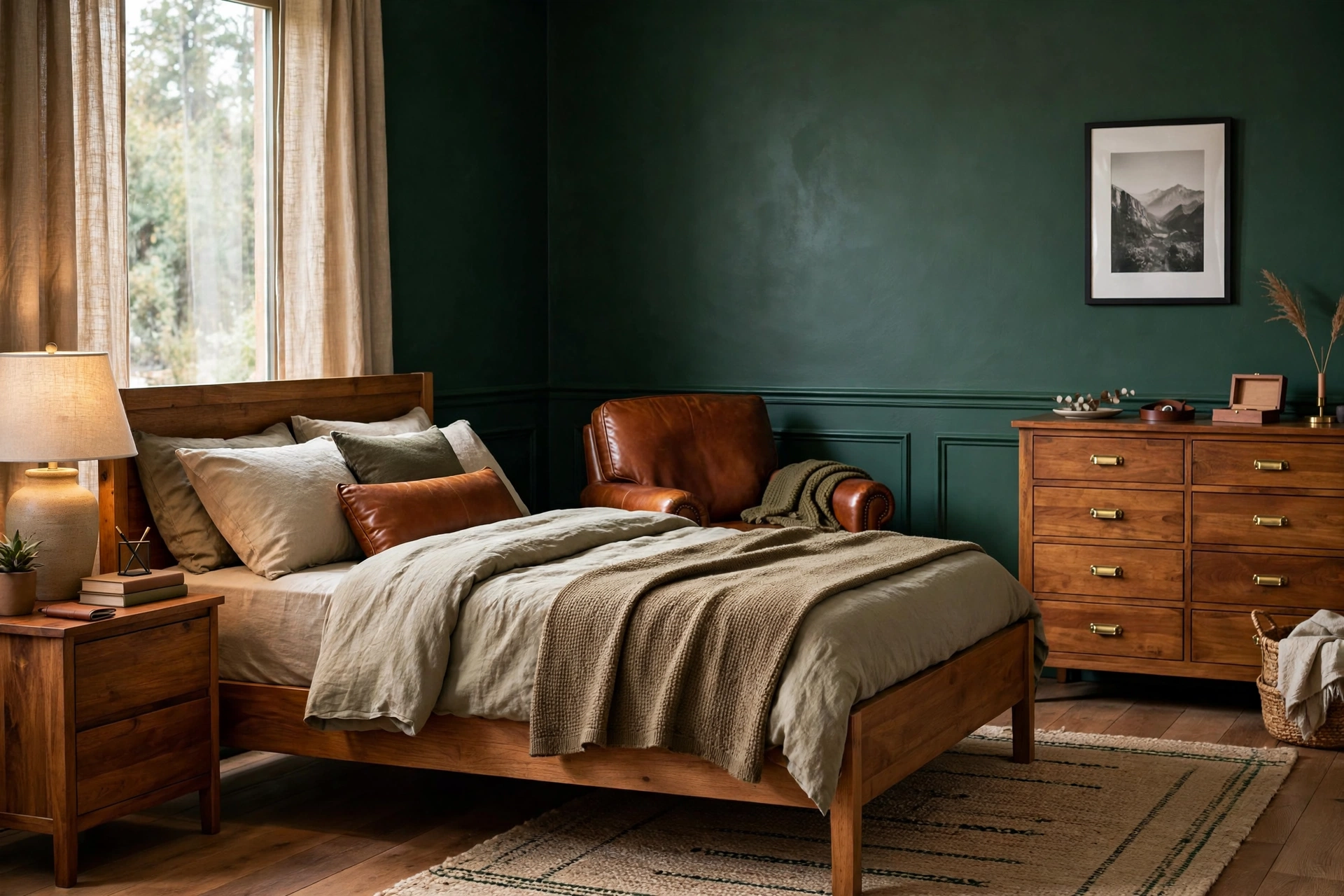 Masculine Bedroom With Forest Green And Olive Tones