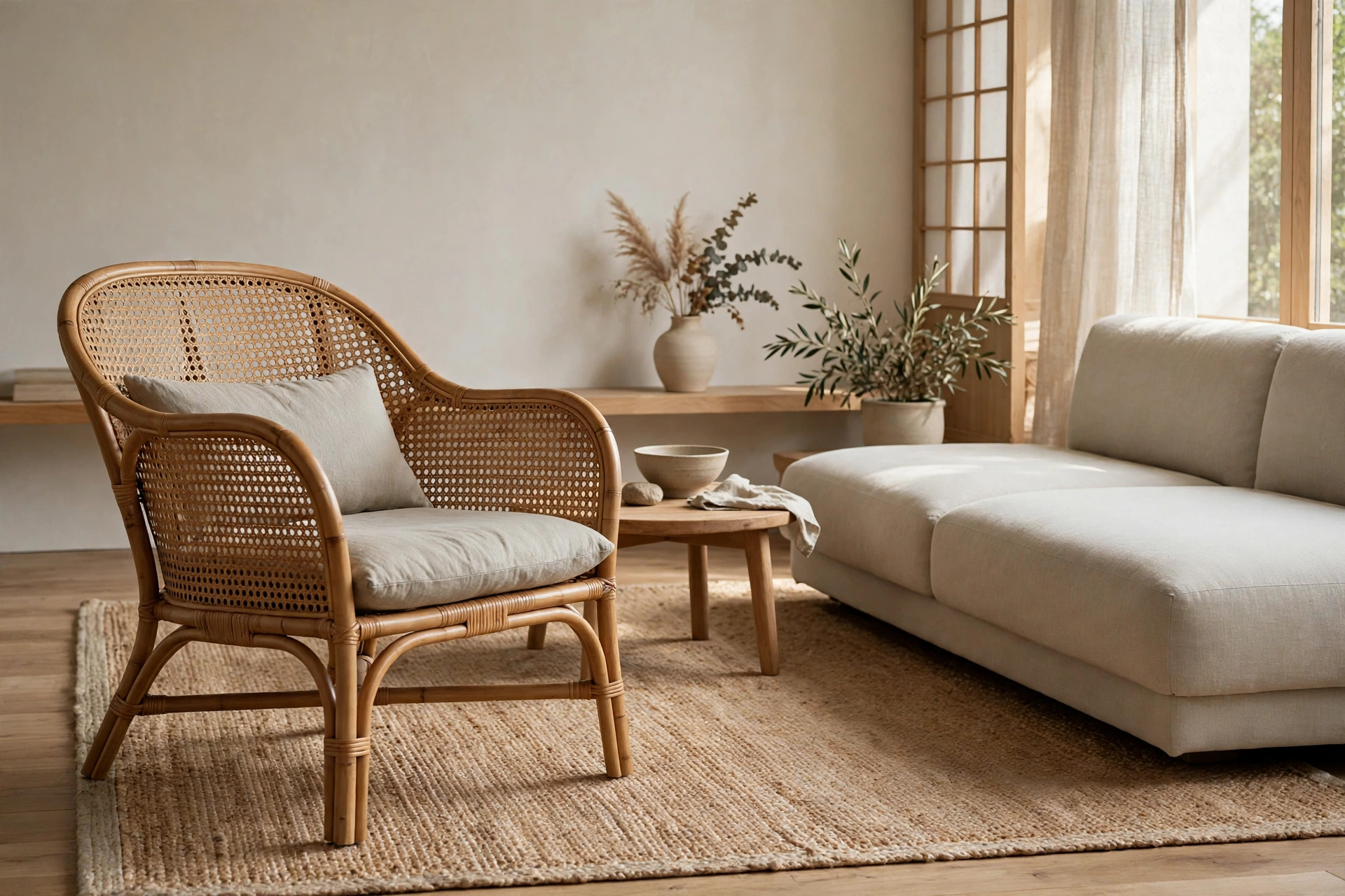 Woven rattan accent chair with linen cushion in Japandi living room