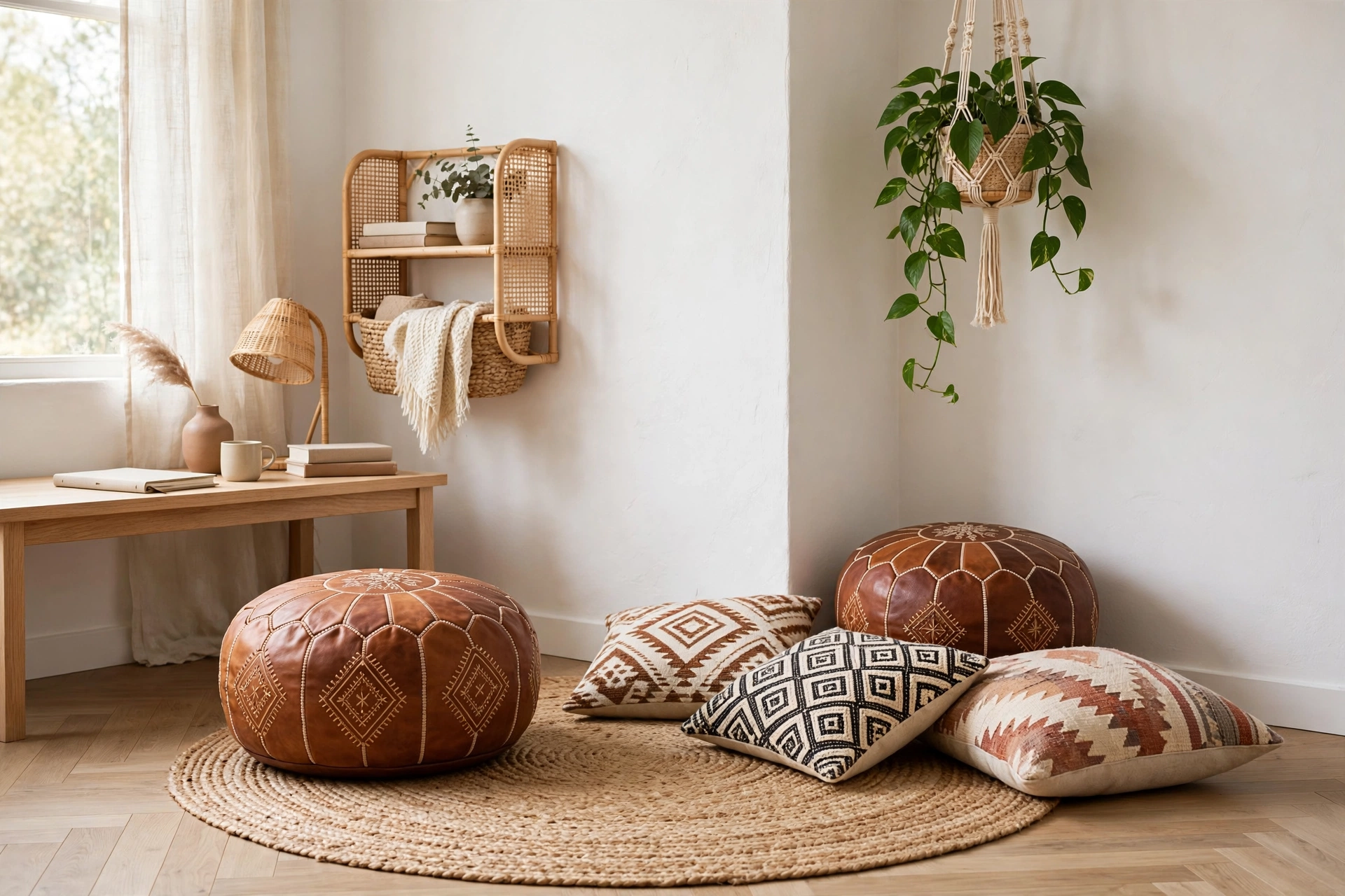 Floor-level reading nook with leather poufs and jute rug in a boho home office