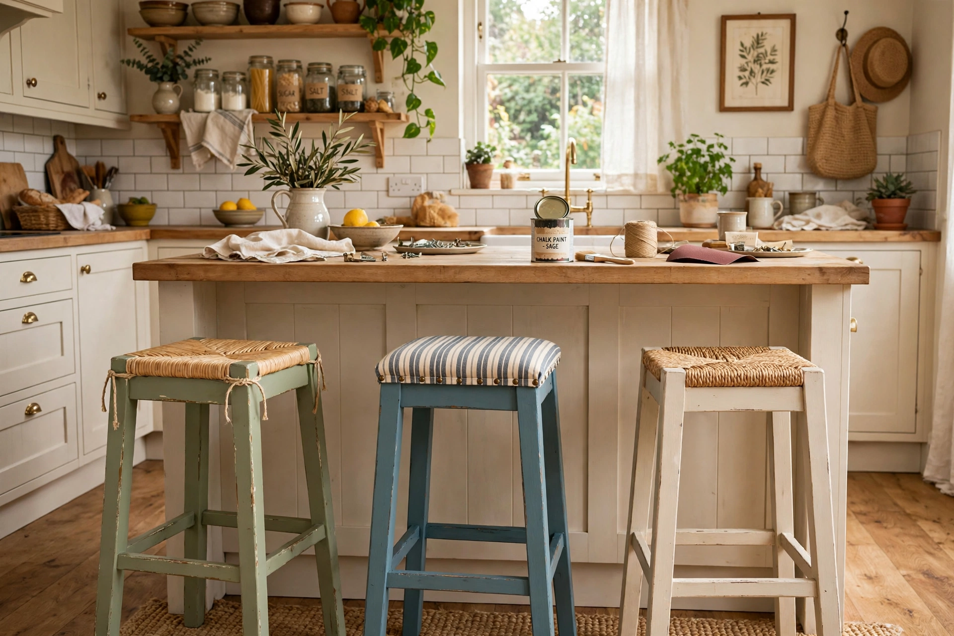Budget-friendly thrifted bar stools refreshed in a charming kitchen