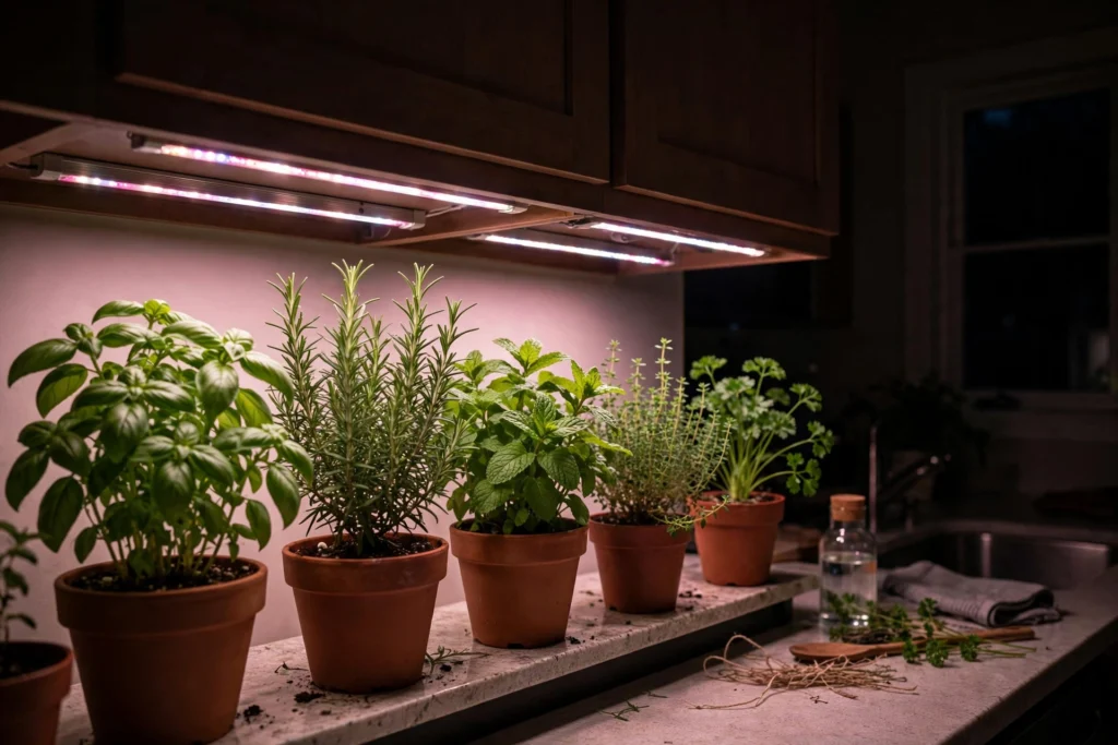Kitchen herbs thriving under under-cabinet grow lights at night