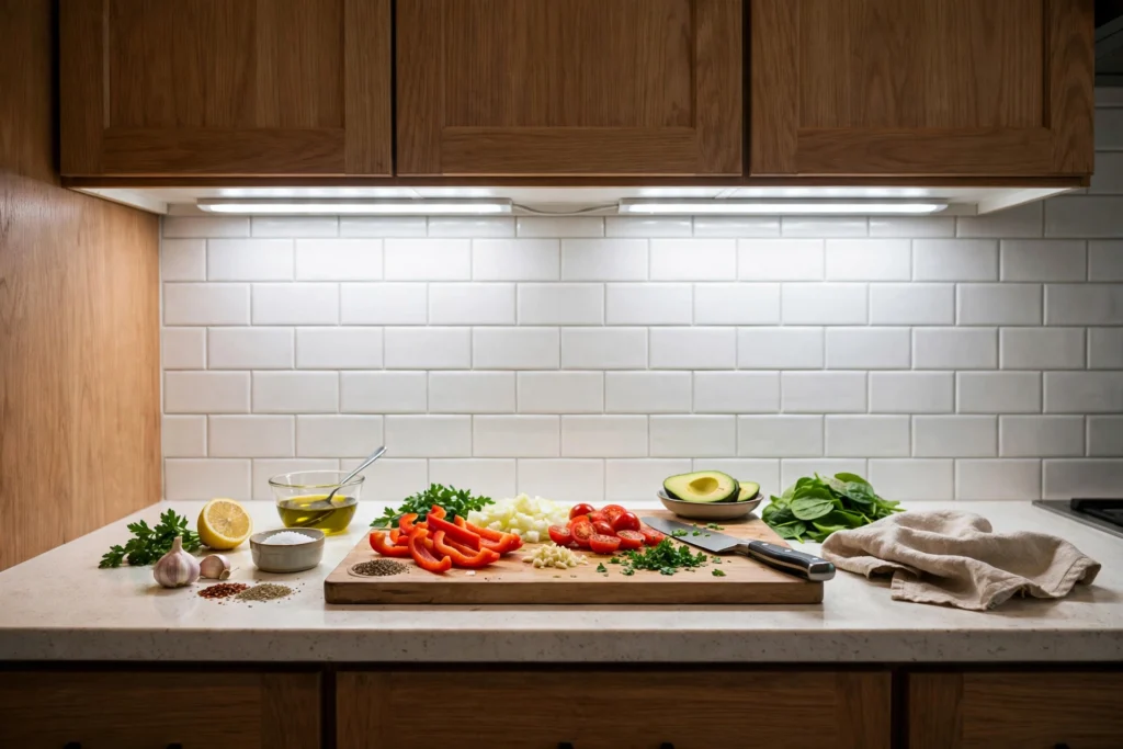 Bright under cabinet task lighting over a food prep area on a kitchen counter