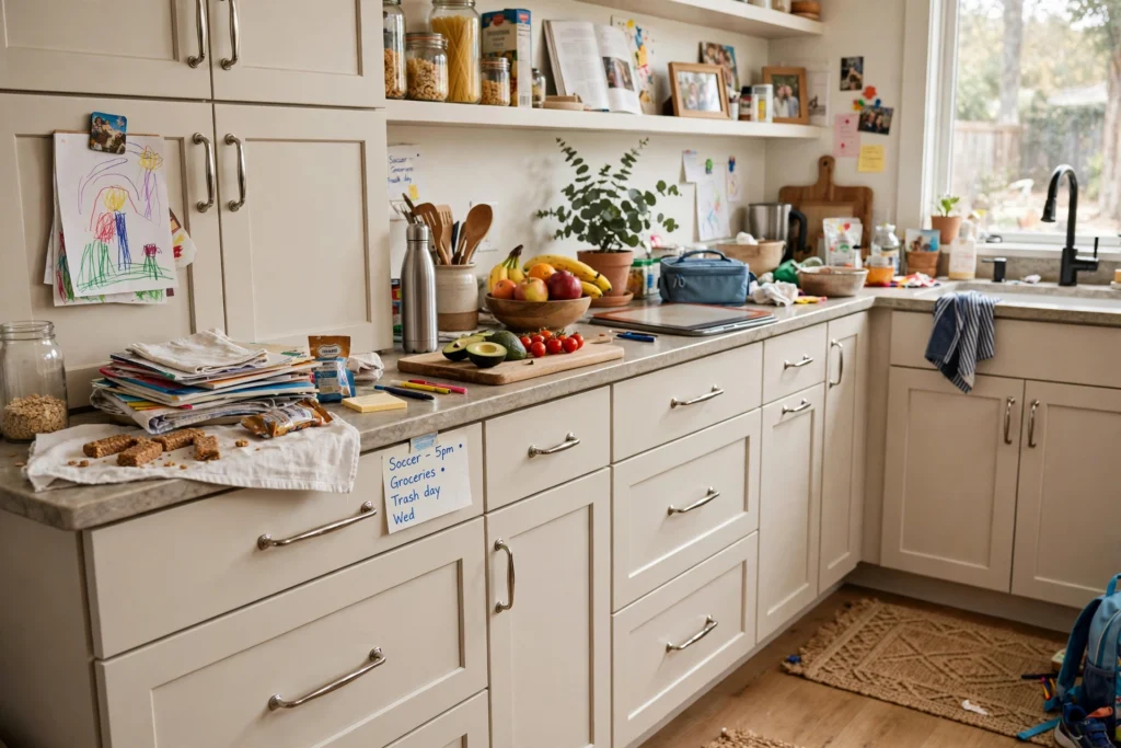 Smudge-free satin nickel pulls on busy family kitchen cabinets