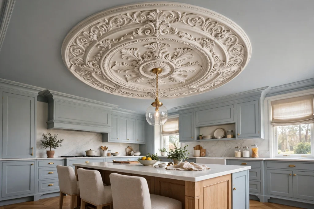 Decorative ceiling medallion framing a pendant over a kitchen island