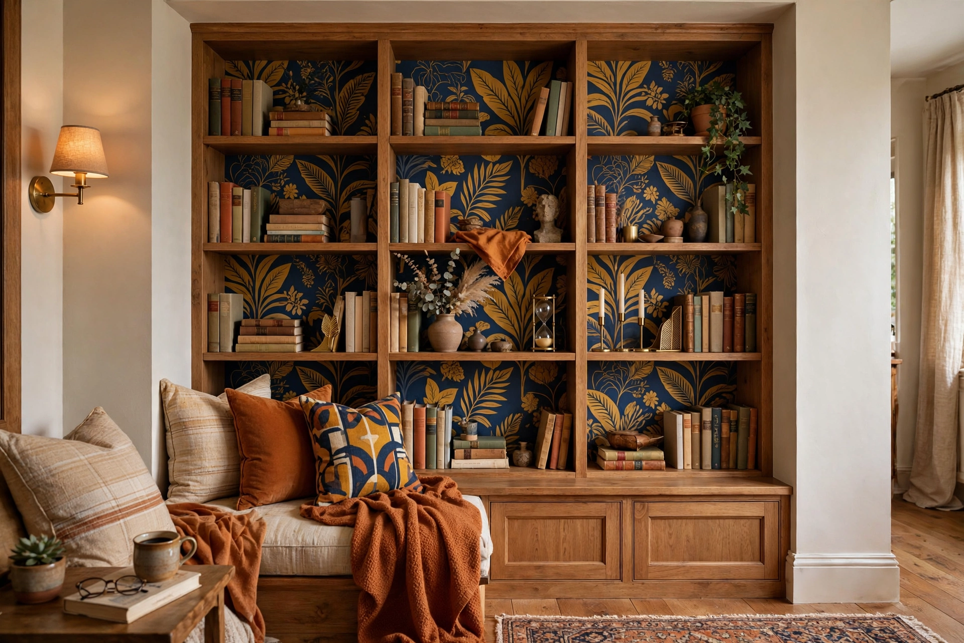 Bookshelf backs lined with bold wallpaper in a cozy living room alcove