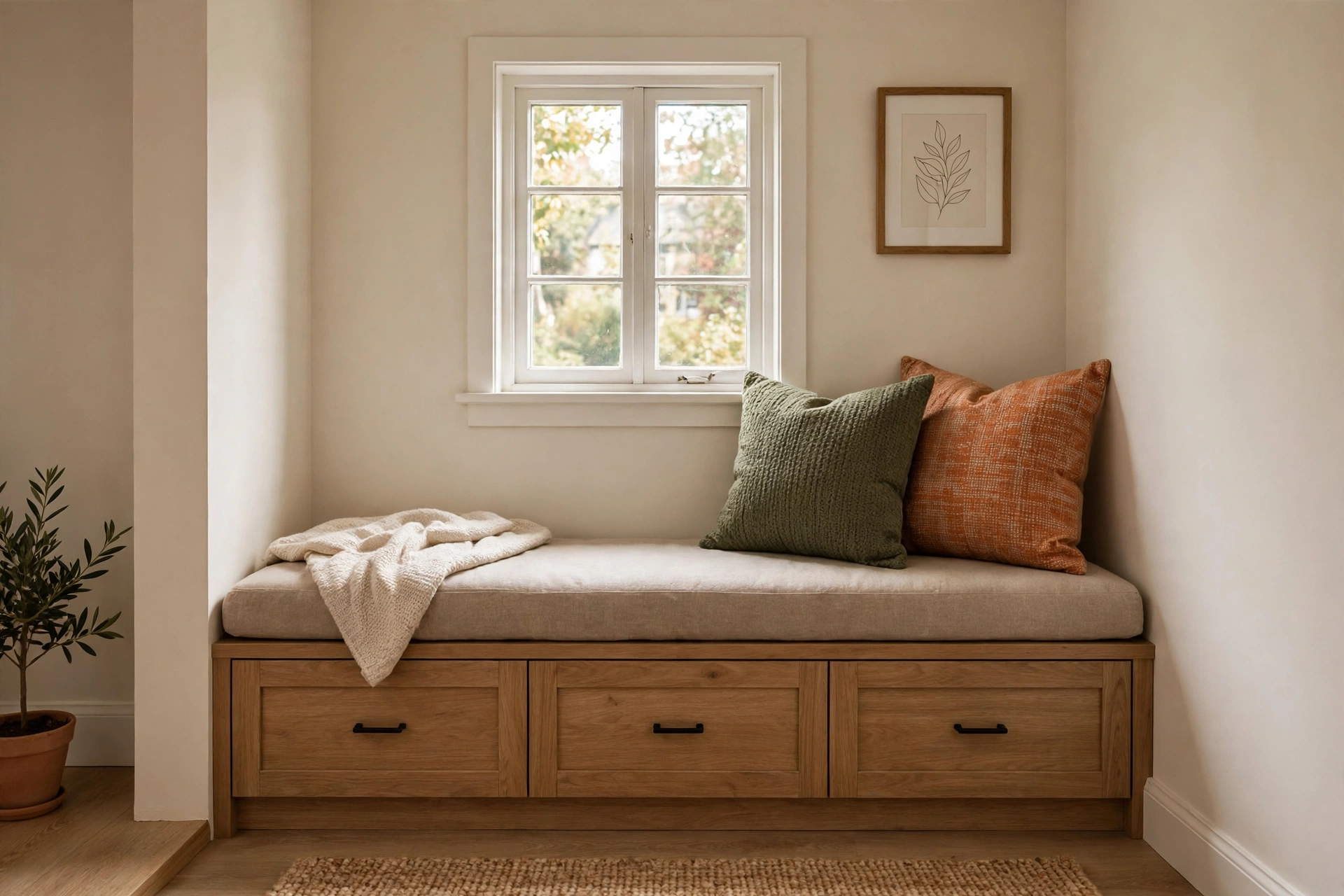 Compact built-in window bench under a small living room window with storage drawers