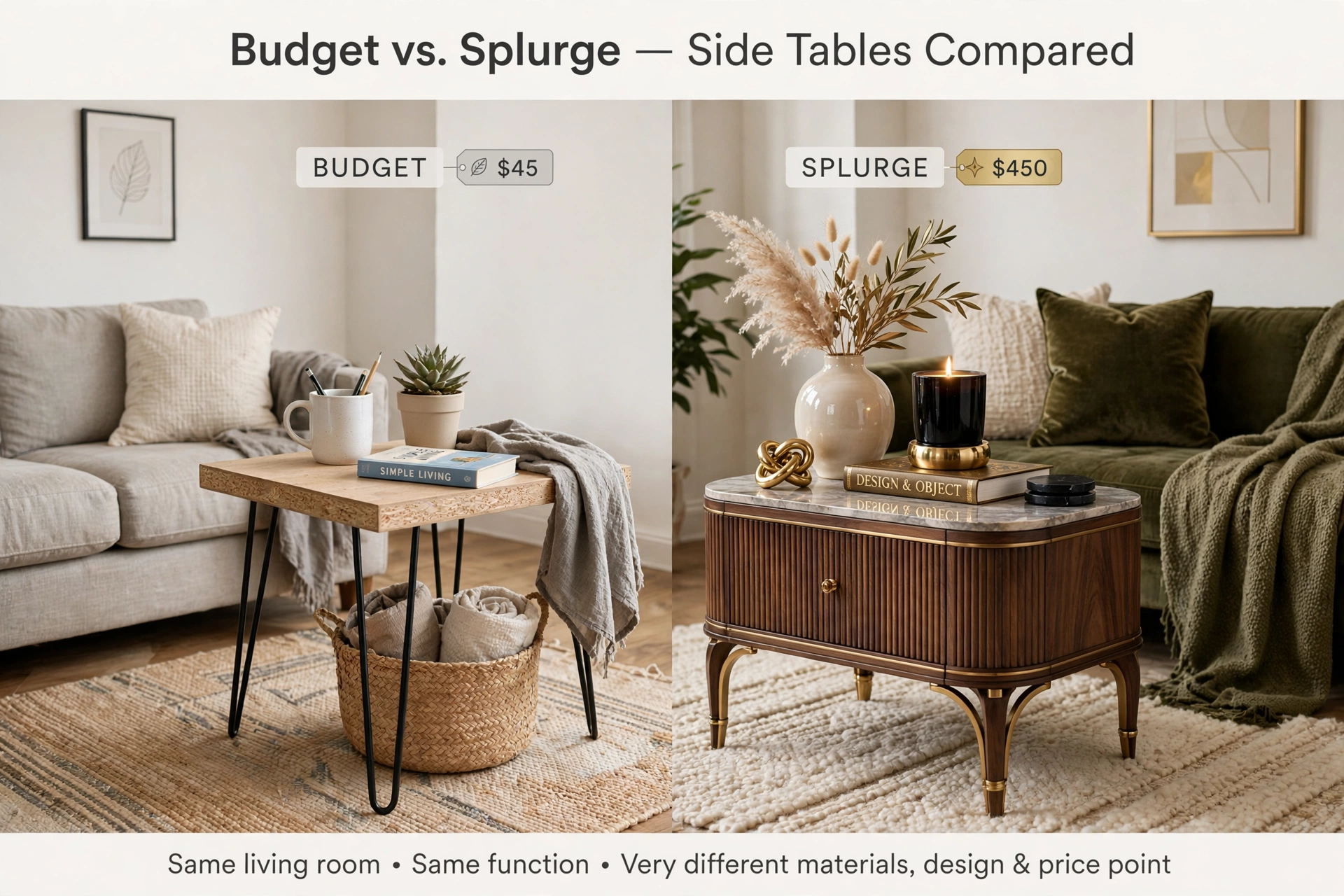 Budget and splurge side tables compared in a styled living room setting