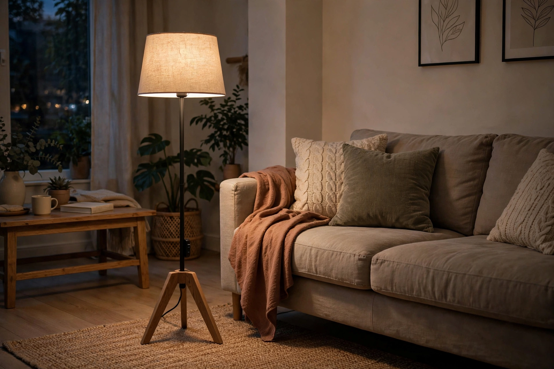 Dimmable floor lamp at low brightness beside a living room sofa