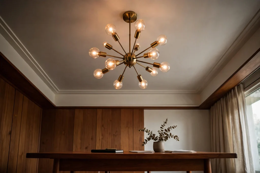 Brass sputnik chandelier with globe bulbs glowing above a mid-century teak desk