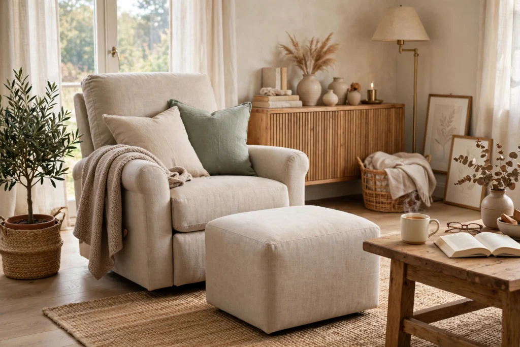 Recliner with a matching ottoman and footrest in a relaxed living room