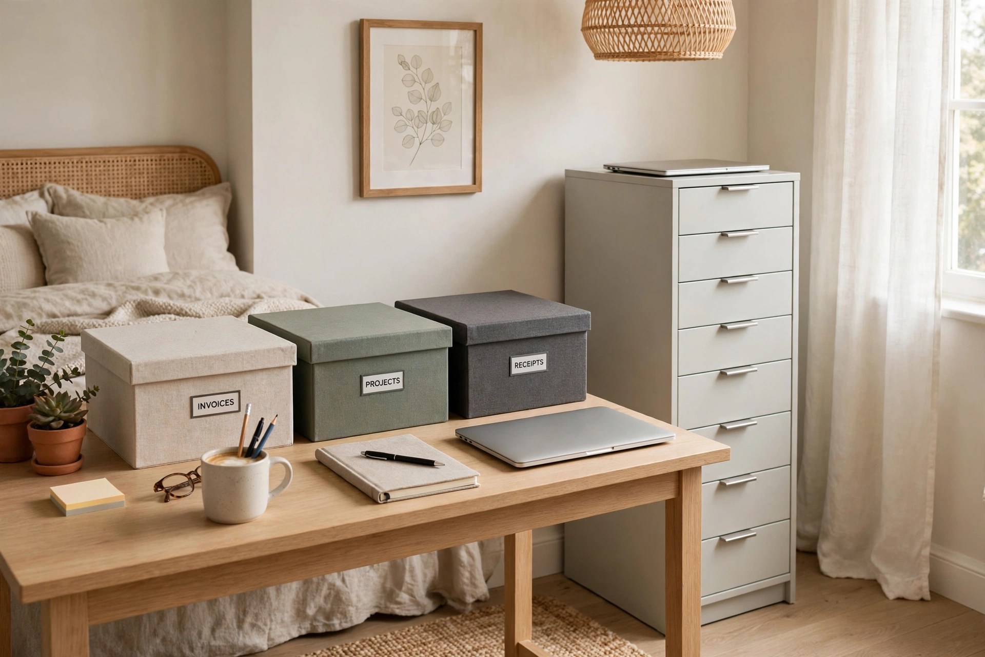 Bedroom desk with slim drawer unit and closed storage boxes keeping papers organized