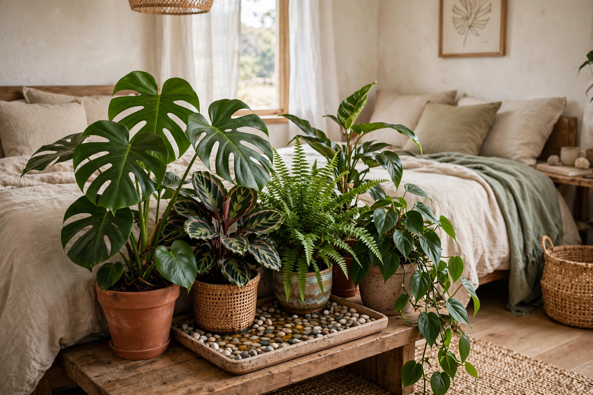 Grouped tropical houseplants with a pebble tray boosting humidity in a bedroom