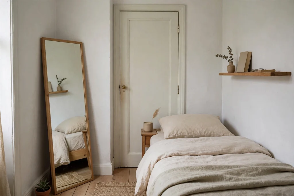 Tiny bedroom with a slim leaning mirror opposite the door, pale walls and simple bedding reflected in glass