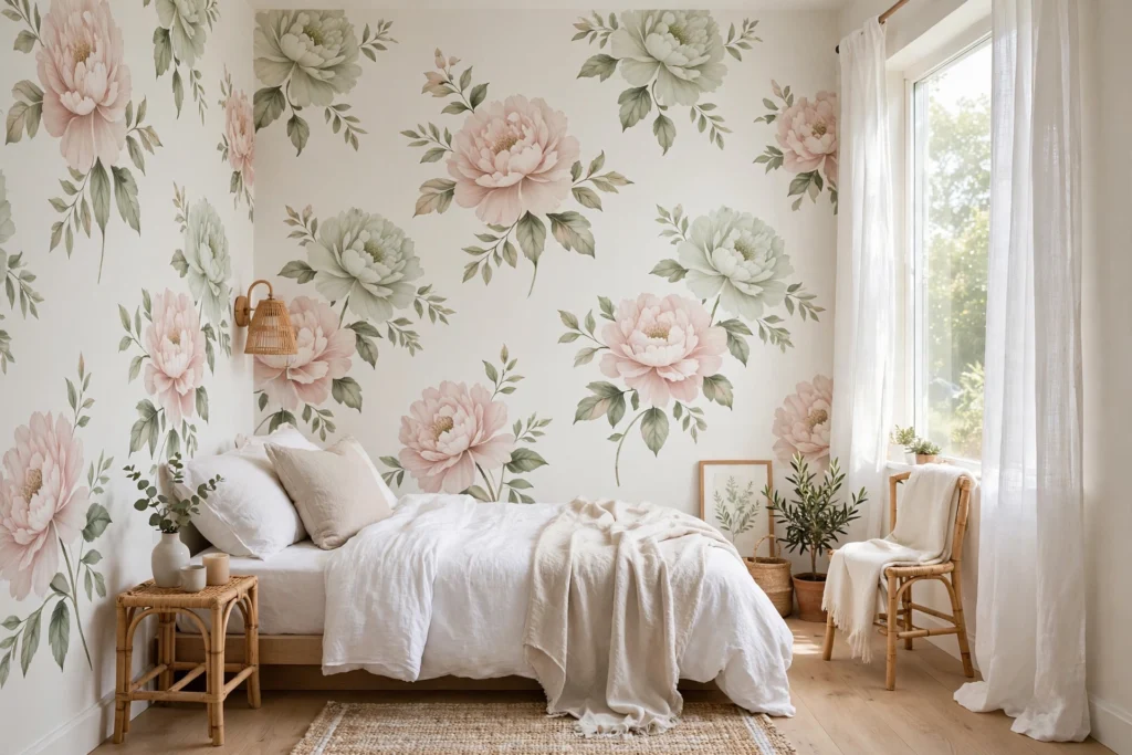 Small bedroom with large-scale spaced floral wallpaper that feels airy