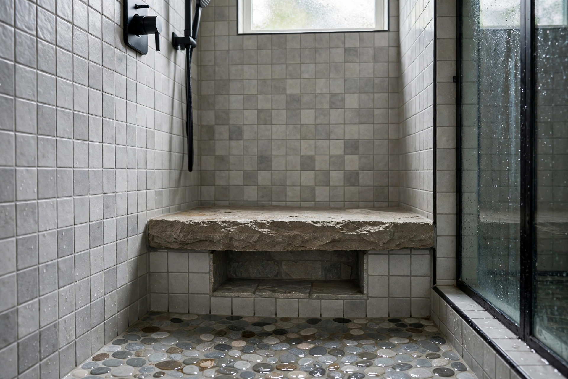 Low shower niche doubling as a foot rest with a stone slab top