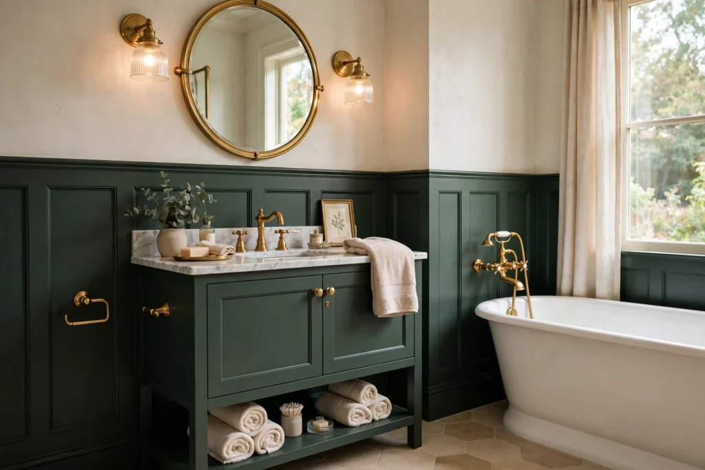 Dark green wainscoting paired with warm brass bathroom fixtures