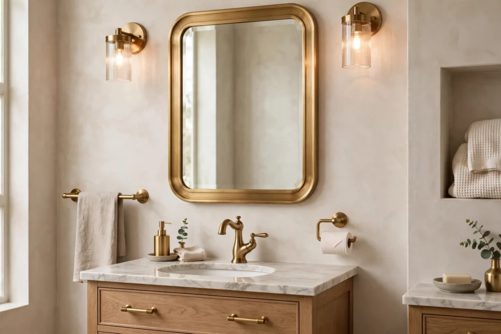 Coordinated warm metal finishes on faucet mirror and bathroom hardware