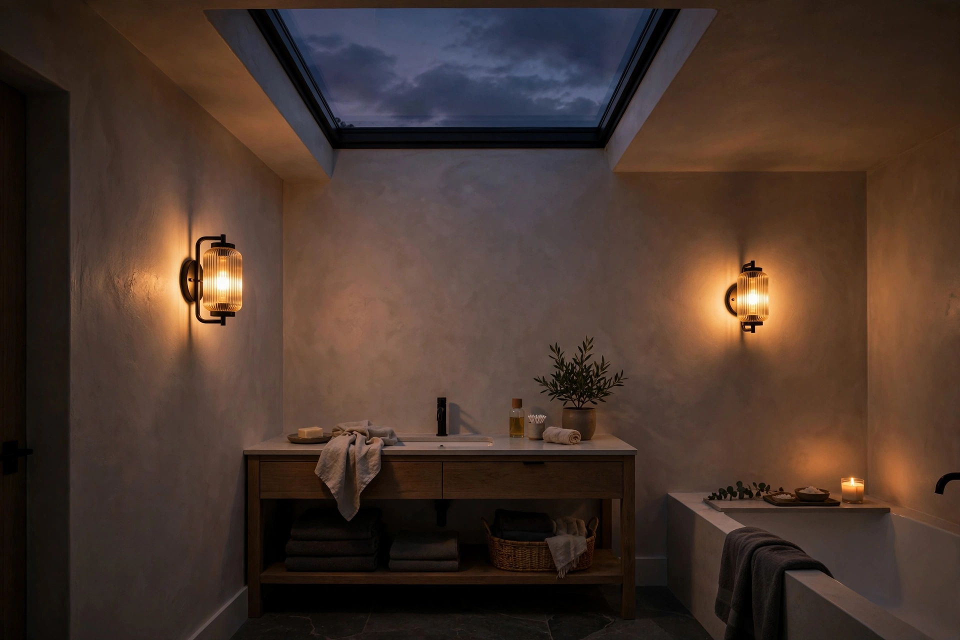 Bathroom at dusk with warm dimmable sconces under a dark skylight
