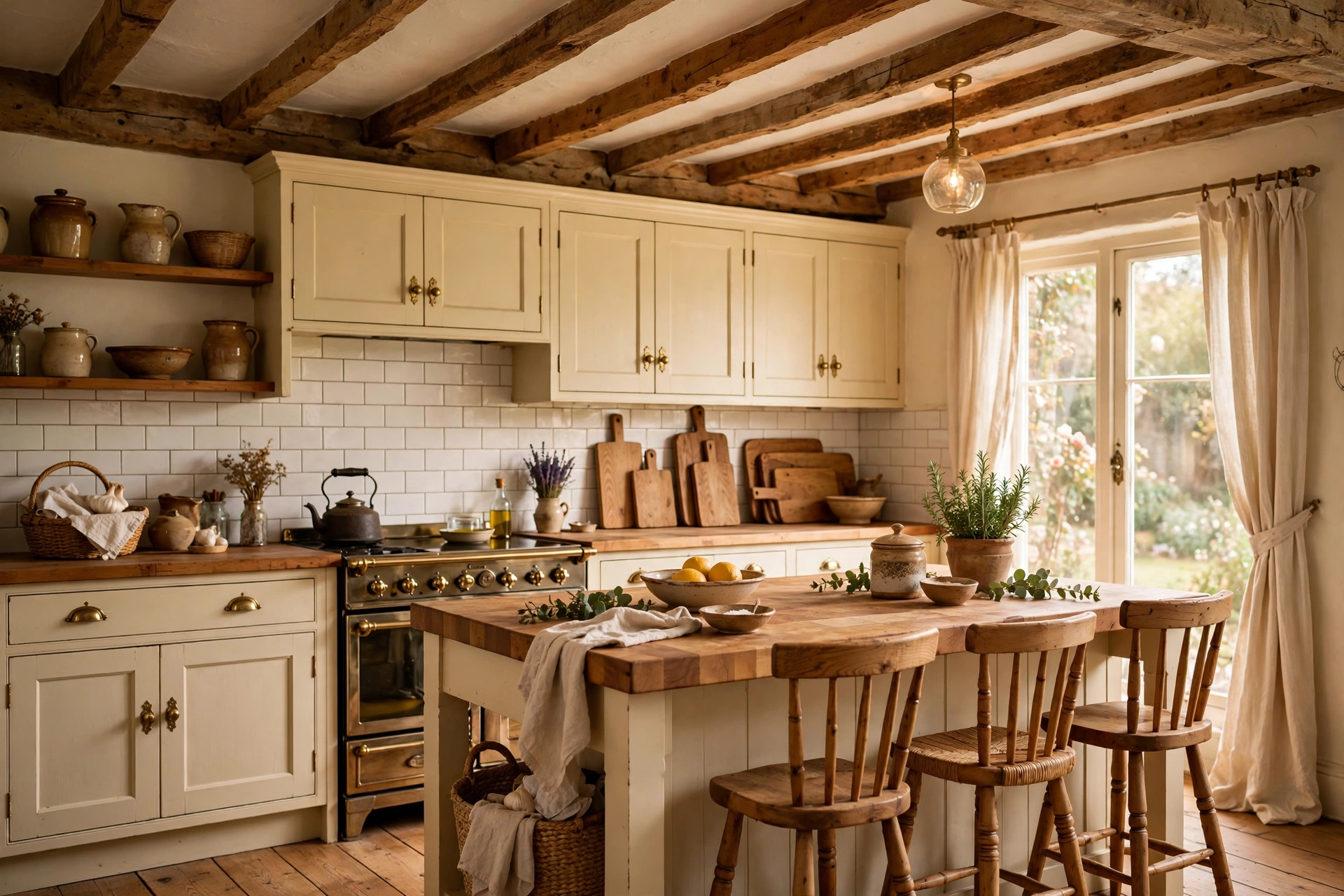 Cottage kitchen with exposed honey-stained wooden ceiling beams and wood accents