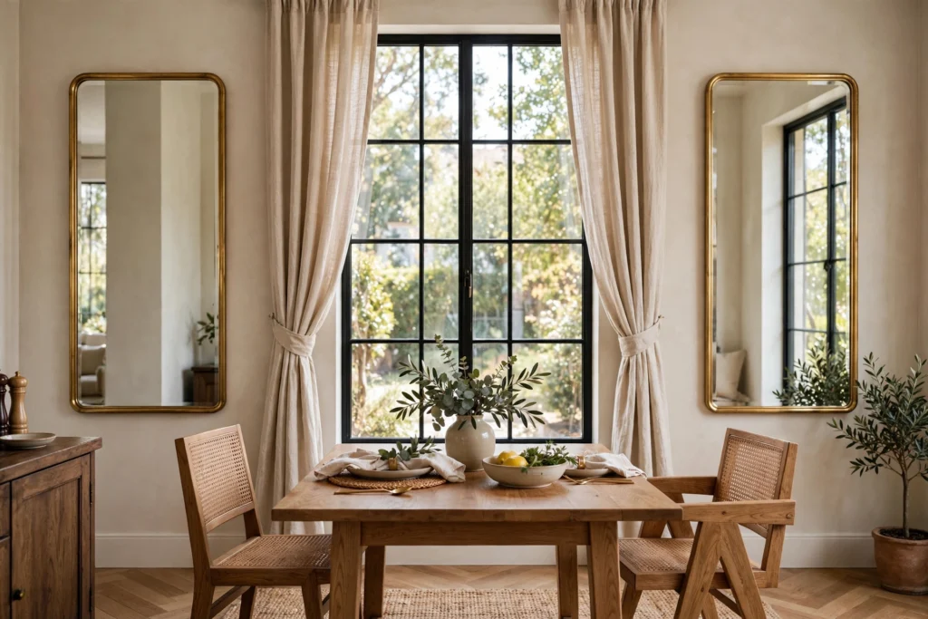 Pair of identical mirrors symmetrically flanking a dining room window