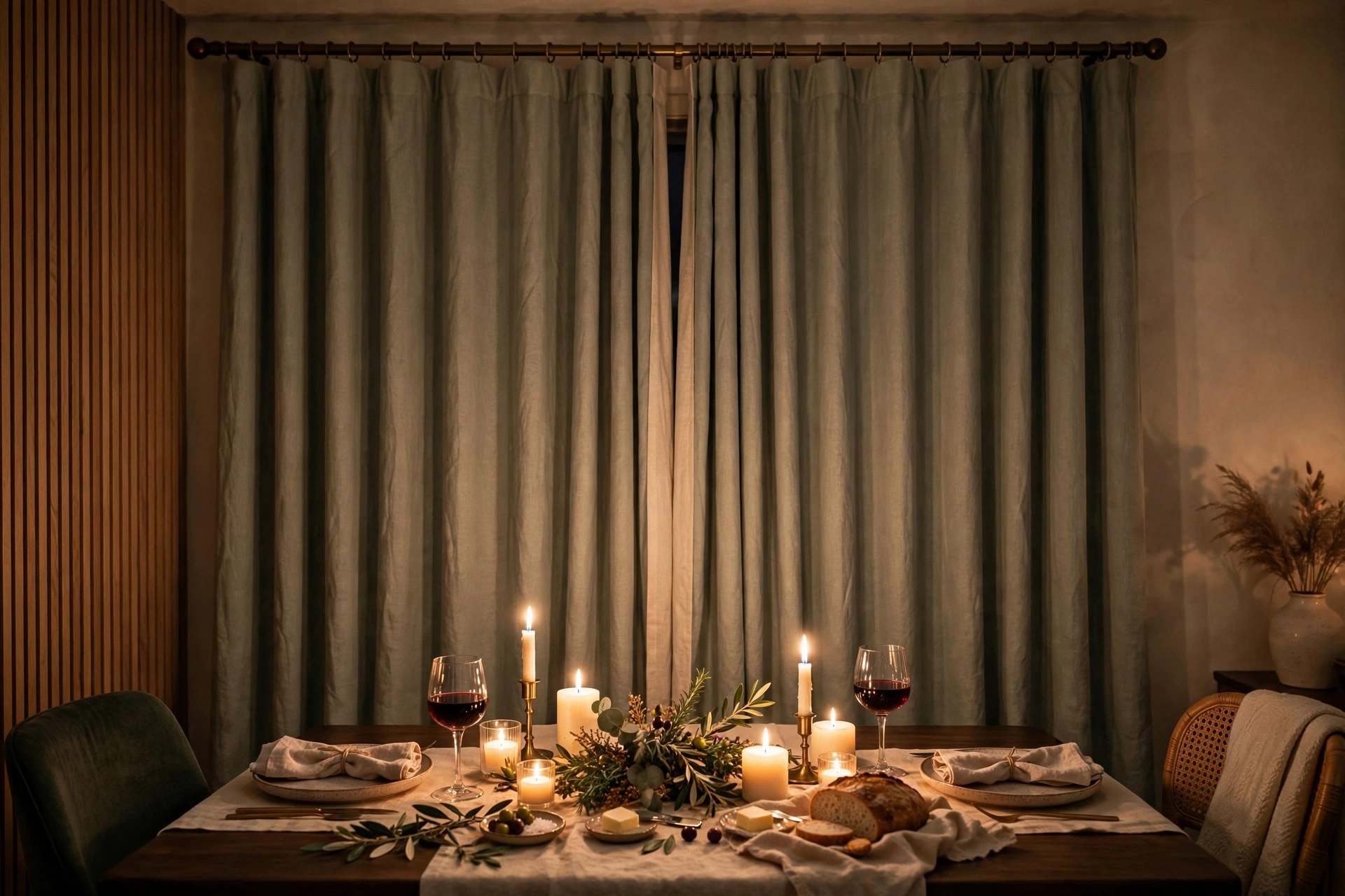 Lined dining room curtains drawn for an intimate evening dinner glow