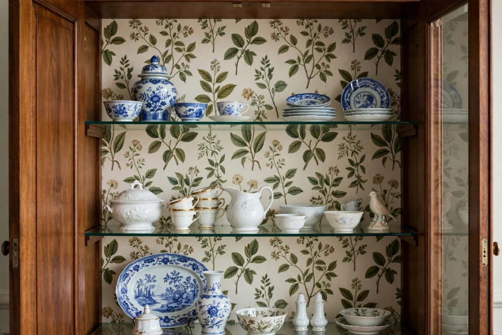China cabinet interior lined with botanical wallpaper behind porcelain