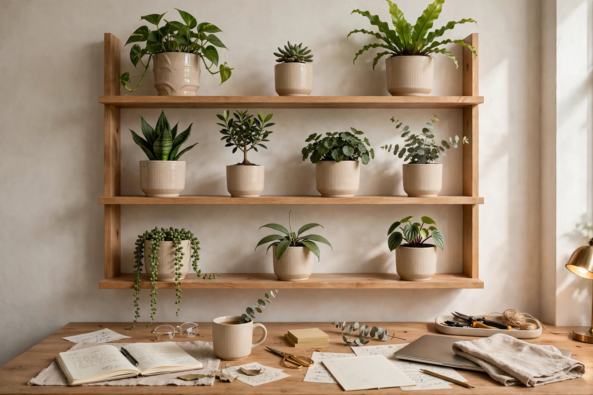 Curated shelf gallery of houseplants in coordinating pots above a desk