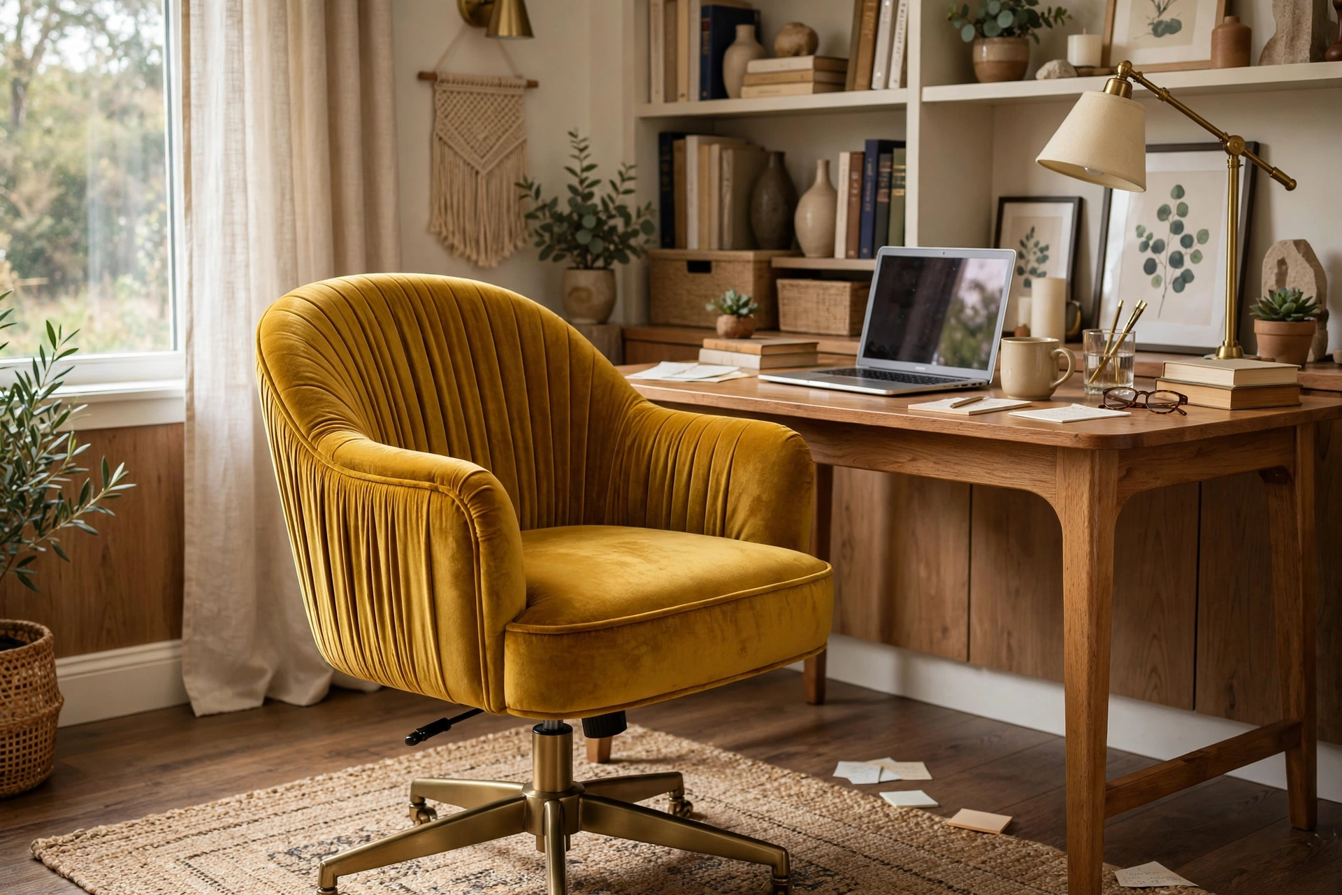Bold mustard velvet swivel chair as the statement piece in a home office