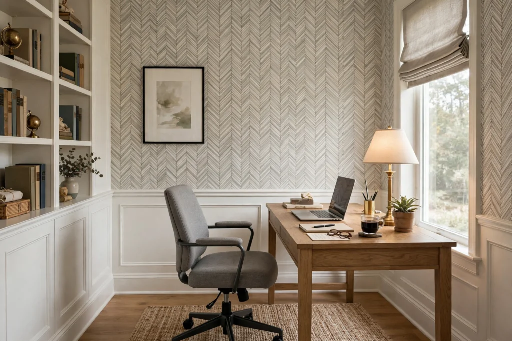 Herringbone patterned wallpaper in a tailored home office with a gray desk chair