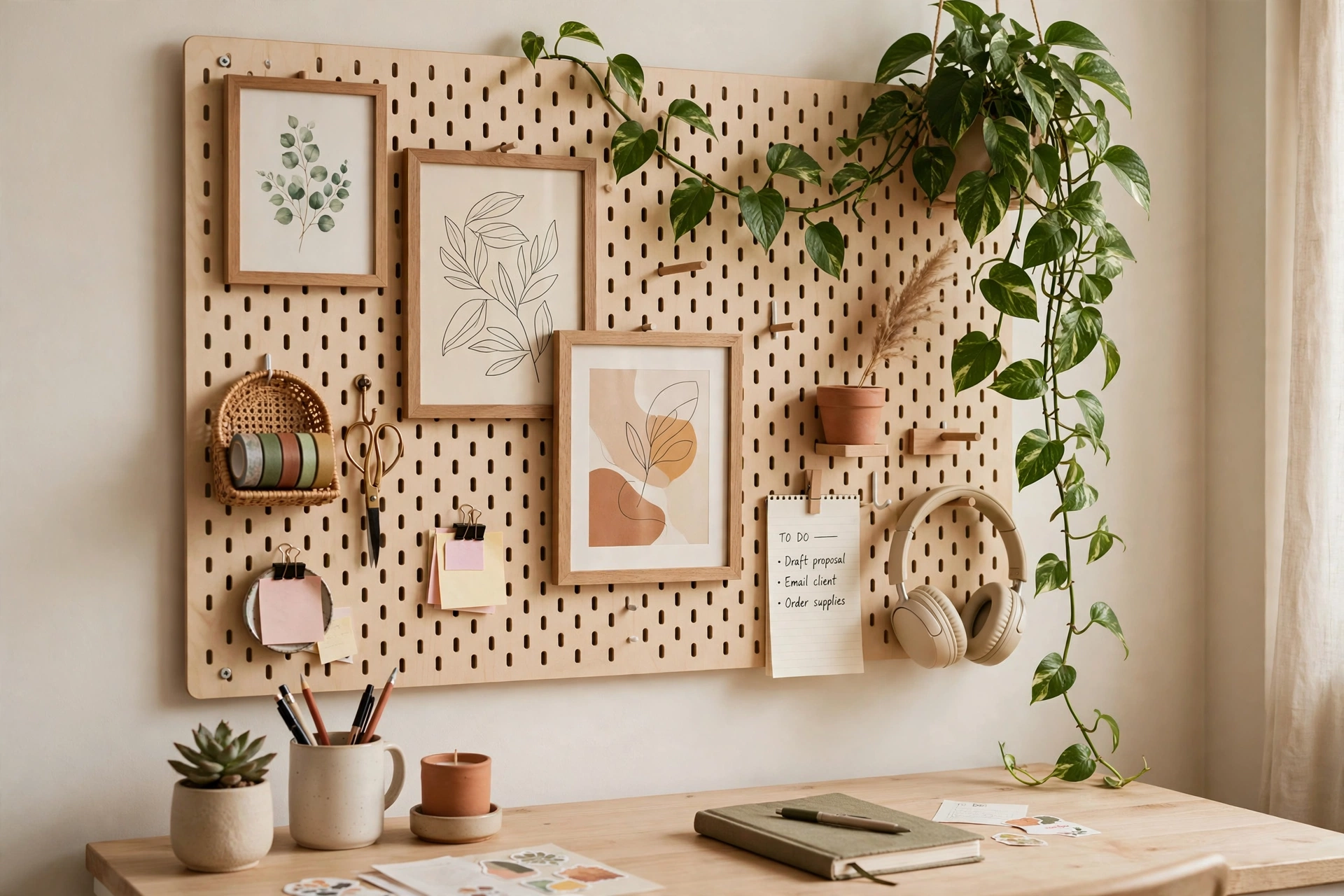 Styled pegboard with framed art a trailing plant and decorative accessories in a home office