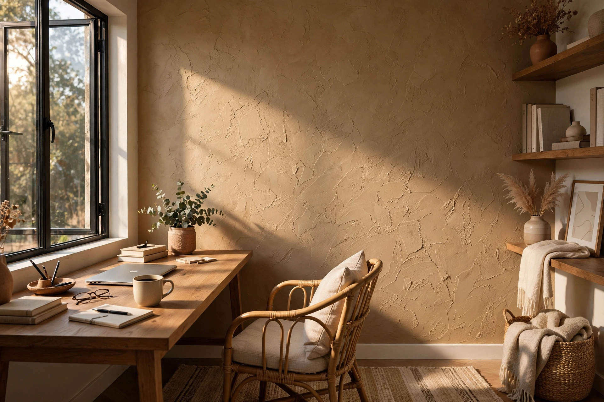Home office with a textured wheat-toned painted accent wall and side lighting