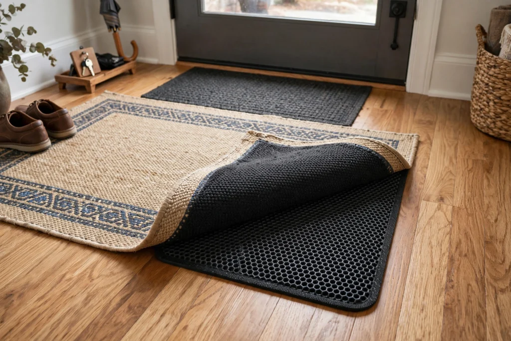 Rug pad keeping an entryway rug flat and secure on hard floors