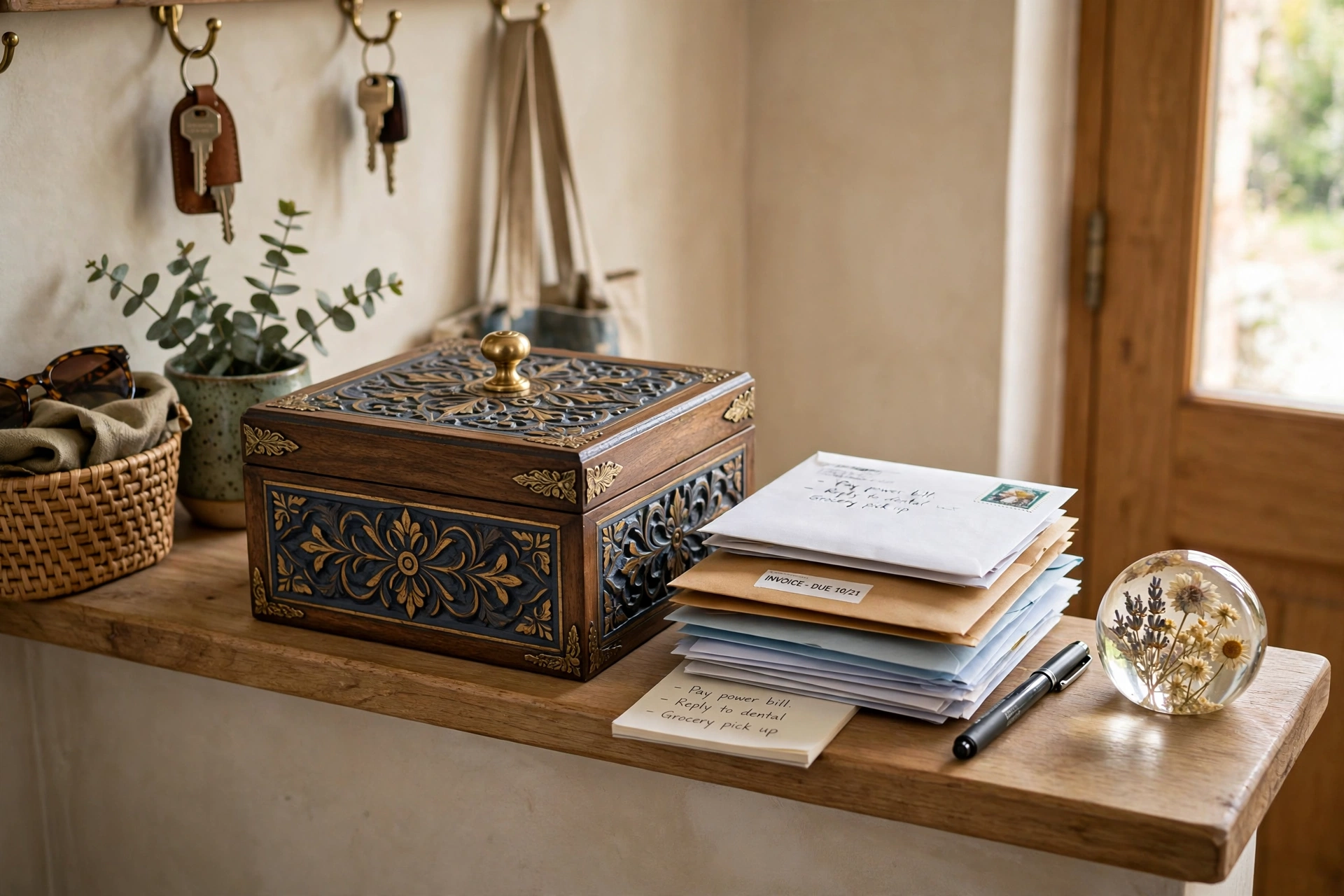 Lidded decorative box on an entryway shelf organizing incoming mail with a pen and paperweight